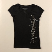 Aeropostale Junior’s Short Sleeve Stretch Pullover Silver Logo Black Top size XS - £8.27 GBP