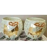 2 White Mosaic Glass Christmas Candle Holders Gold Reindeer Design Free ... - £23.72 GBP