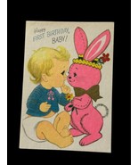 Vintage Rust Craft Easter Bunny First Birthday Paper Card Used Made In USA - $52.02 CAD