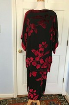 Vintage THE SILK FARM 100% Silk 2pc Dress Black Red Velvet Burn Out M-L 38 bust - £116.77 GBP