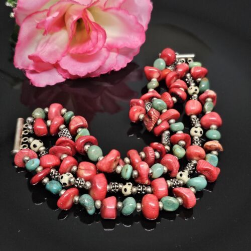 Primary image for Red Coral & Turquoise Beaded Statement Bracelet 925 Sterling Silver Clasp