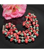 Red Coral &amp; Turquoise Beaded Statement Bracelet 925 Sterling Silver Clasp - £27.61 GBP