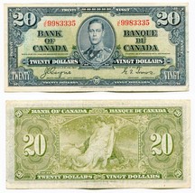 1937 Bank of Canada $20.00 Twenty Dollar Note King George VI J/E9983335  KGVI - £32.16 GBP