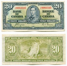 1937 Bank of Canada $20.00 Twenty Dollar Note King George VI J/E9983335 ... - $40.99