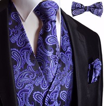 PURPLE / BLACK Tuxedo Suit Dress Vest Waistcoat &amp; Bow tie &amp; Necktie and ... - £23.27 GBP+