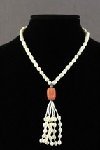 Fine Estate Jewelry White Pearl &amp; Rhodochrosite Beaded Tassel Accent Necklace - £19.48 GBP