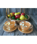 Lot of 2 Oven Fire King Ware Peach Laurel Leaf Luster Cups and Saucer Set - £9.48 GBP
