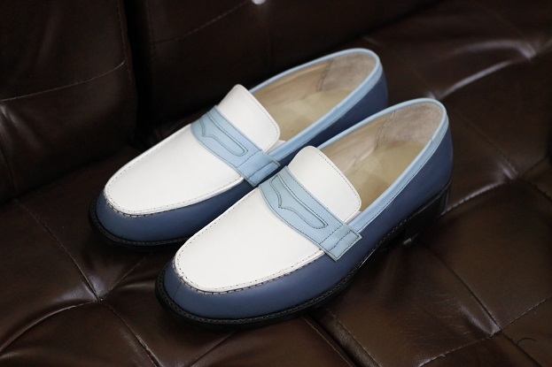 New Men's Handmade Leather Shoes White & Blue Leather Stylish Slip On Loafer