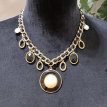 Womens Fashion Gold Tone Circle Link Chain Rhinestone Charm Necklace w/ Lobster - £23.35 GBP