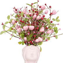 Valentine&#39;s Day Gifts 6 Pack Picks Pink Heart Stems with Red Berry Leaf NEW - £23.48 GBP