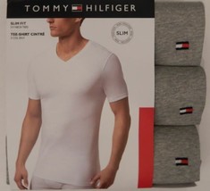 3 TOMMY HILFIGER SLIM FIT MENS COTTON GRAY BLACK V NECK T-SHIRTS UNDERSH... - £36.95 GBP+