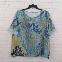 Boho Blouse Womens XXL Green Blue Floral Mosaic Cuffed Short Sleeve Lagenlook - £15.02 GBP