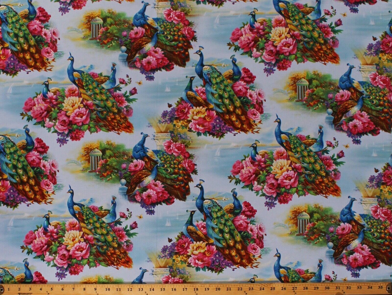 Primary image for Cotton Peacocks Birds Flowers Floral Spring Garden Blue Fabric Print Bty D371.42