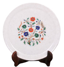 9&quot; White Marble Serving Dish Plate Handicraft Inlay Design Kitchen Gift Decor - £186.13 GBP