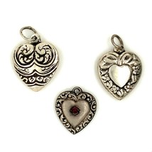 Three Set of antique Sterling Repousse Carved Ornate Hearts with Garnet Pendants - £67.26 GBP