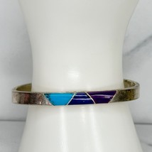 Vintage Mexico Silver Tone Blue and Purple Inlay Hinge Bangle Bracelet - £19.45 GBP