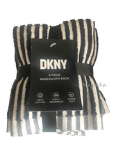 DKNY Set of 4 Face Wash Cloths Black White Stripe Facecloths Soft 100% Cotton - £26.12 GBP