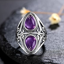 Charms 6x9MM Natural Amethyst Rings Women&#39;s Silver Jewelry Vintage Ring Annivers - £11.59 GBP