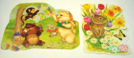 Two Vintage Cardboard Easter DieCut Decorations Spring Rabbits Bears Monkey Eggs - $9.47