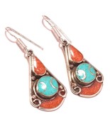 Tibetan Turquoise Coral Handmade Bohemian Jewelry Earrings Nepali 1.80&quot; ... - £7.16 GBP