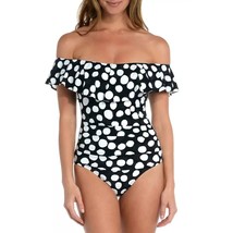 La Blanca Polka Dot Off Shoulder Ruffle One Piece Swimsuit Black White 14 - $48.25
