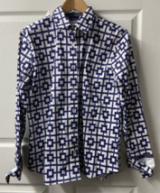 Tizzie Top Womens Large Blue  Flip Cuff Geometric Button Up Blouse Caree... - $25.62