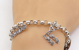 925 Sterling Silver - Assorted Stamped Charms Round Link Chain Bracelet - BT2173 - £56.70 GBP