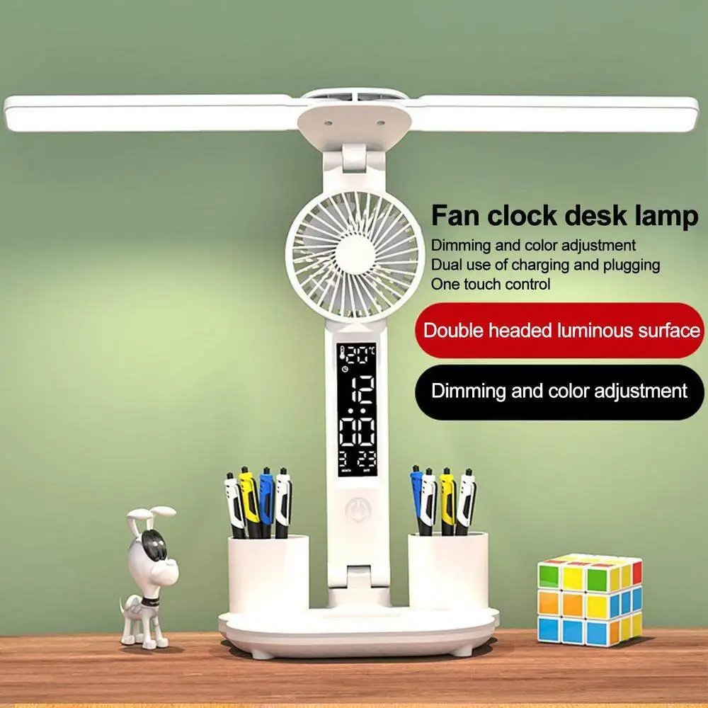 Atable foldable led desk lamp rechargeable usb table light with fan clock for study eye thumb200