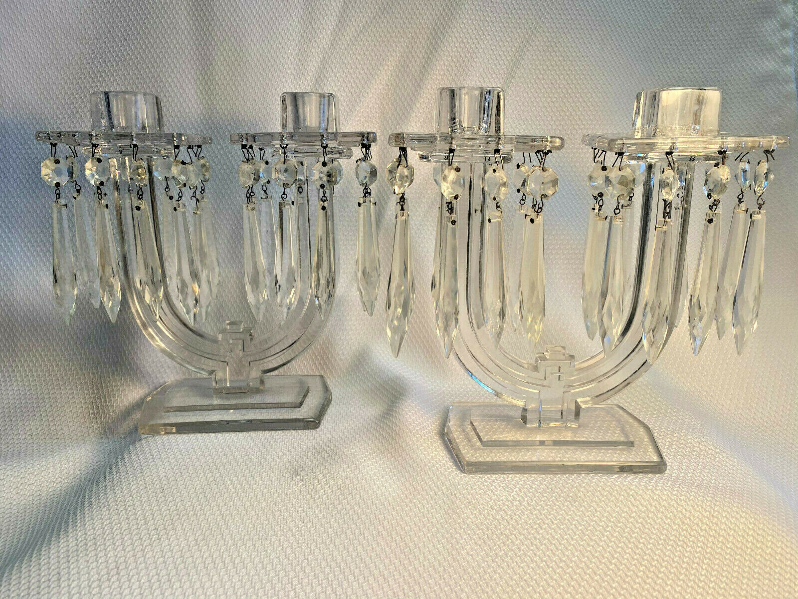 Vtg Heisey Art Deco 20/30's Pressed Glass Two Armed Candlestick Holders W/ Prism - $199.95