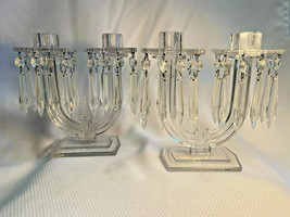Vtg Heisey Art Deco 20/30&#39;s Pressed Glass Two Armed Candlestick Holders W/ Prism - £158.45 GBP
