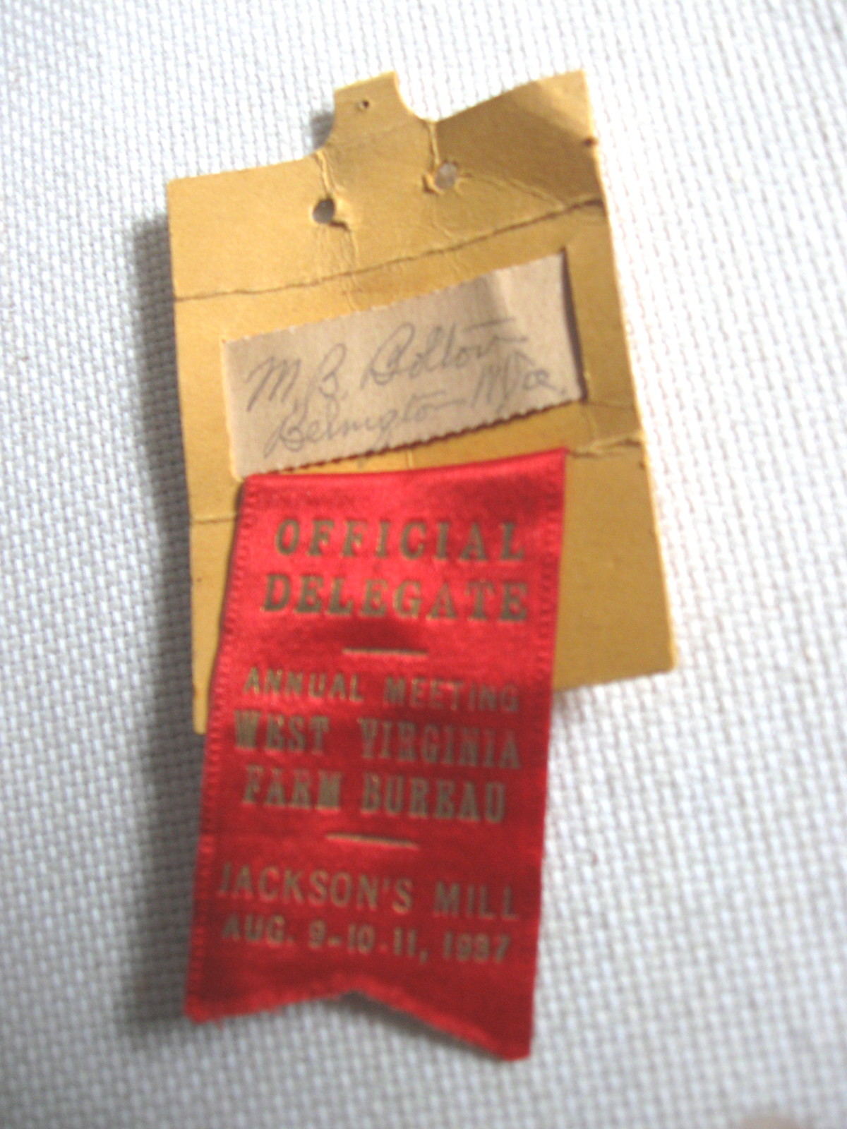 1937 West Virginia Farm Bureau Official Delegate Ribbon - Jackson&#39;s Mill... - $12.99
