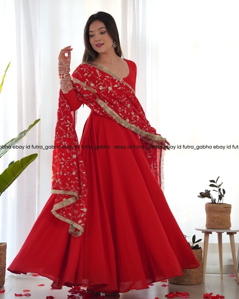 Red partywear georgette anarkali dress with heavy embroidred lace work d... - $42.50