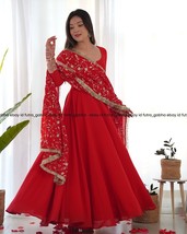 Red partywear georgette anarkali dress with heavy embroidred lace work d... - $50.00
