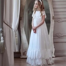 Flower Girl Dress White Tulle Lace A-line Short Sleeved Wedding Elegant Flower C - £116.66 GBP