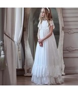 Flower Girl Dress White Tulle Lace A-line Short Sleeved Wedding Elegant ... - £116.66 GBP