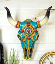 Southwest Steer Bison Cow Aztec Sun Gold And Turquoise Mosaic Skull Wall Decor - £28.31 GBP