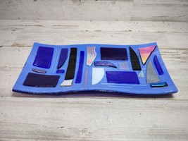 SIGNED Lorraine Art Fused Glass Shimmer Abstract Mosaic Cobalt Wave Trinket Dish - £68.07 GBP