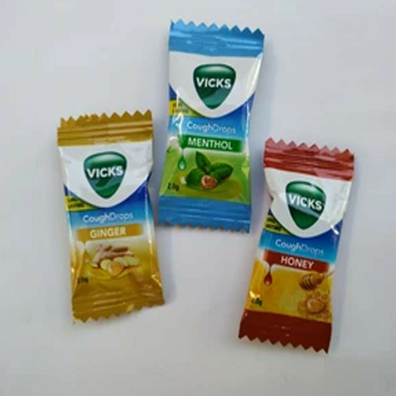 Vicks Cough Drops Throat Relief Candy Ginger, Menthol & Honey Flavors