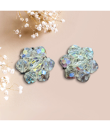 Vintage Clip Earrings Flowers Aurora Borealis Crystal Faceted Beads 7/8&quot; - £12.43 GBP