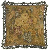 Aubusson Throw Pillow 22x22, Handwoven Wool Roses and Grapes, Tassels - £352.83 GBP