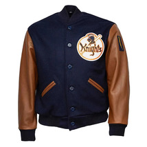 DSHARKS Knights Navy Wool Brown Genuine Leather Sleeves Varsity Jacket - $150.00+