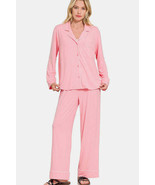 Zenana Button Down Long Sleeve Top and Pants Lounge Set - $46.39