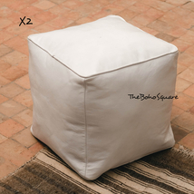 Set of 2 Handmade &amp; Stitched Moroccan Square Pouf, Genuine Leather, Whit... - £110.61 GBP