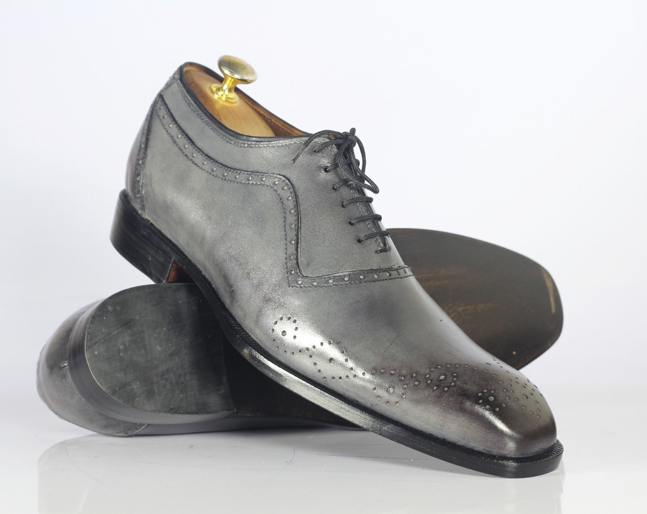 Handmade Men's Gray Leather Wing Tip Brogue Shoes, Men Designer Fashion Shoes