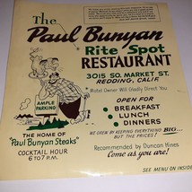 Vintage Menu Paul Bunyan Rite Spot Redding California Hotel Room Advertisment - £18.55 GBP