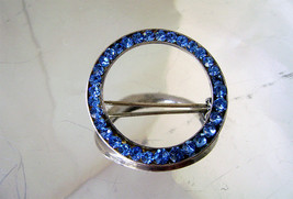 Art Deco Sterling Brooch Sapphire Blue Rhinestone Round Pin 1940s - £25.13 GBP