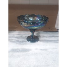 Large Blue Carnival Glass Pedestal Candy Dish, 7&quot; Tall Serving Bowl, Vin... - $24.75