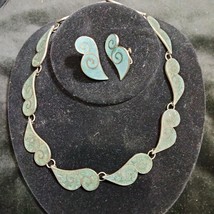 Mid Century Mexico Silver Necklace + Earrings Crushed Turquoise Taxco 980 - £199.79 GBP