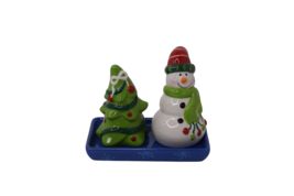 Ganz Christmas Salt &amp; Pepper Shakers Snowman &amp; Christmas Tree w/ Tray Ceramic - £7.11 GBP
