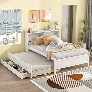 Full Bed With Bookcase,With Twin Trundle And 3 Drawers,White - $679.99